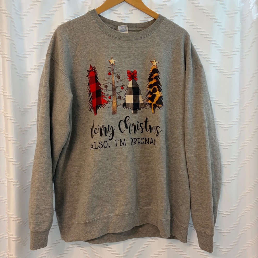 Port & Company Womens 2XL Gray Christmas‎ Pregnancy Announcement Sweatshirt
